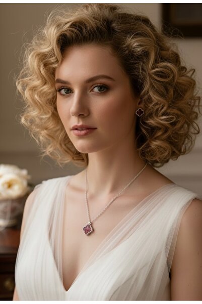 ZEY 925 Ayar Gümüş Takı-Bordo Zirkon Taşlı Yonca Şans Kadın Hediyelik Kolye