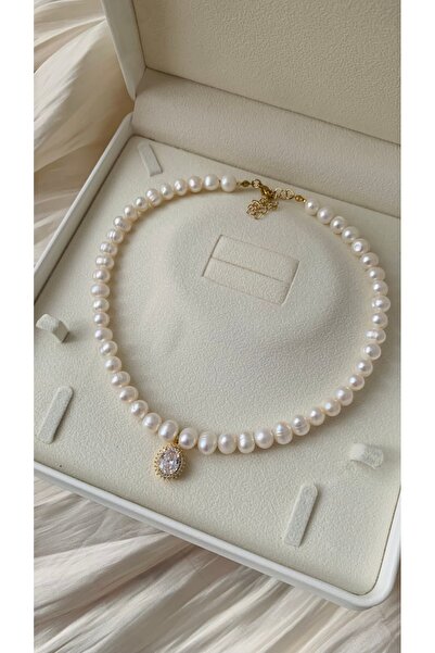 JOVİ ATELİER Gerçek Doğal Beyaz Inci Kadın Gelin Kolye Çelik Bağlantı Aparatl...