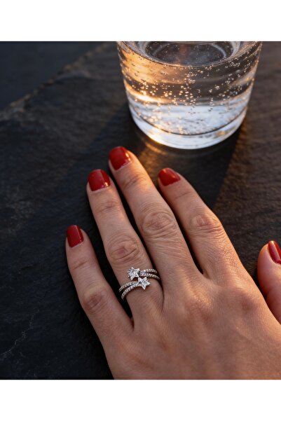 ZEY 925 Ayar Gümüş Takı-Zirkon Taşlı Yıldız Kadın Hediyelik Eklem Yüzüğü (mid...