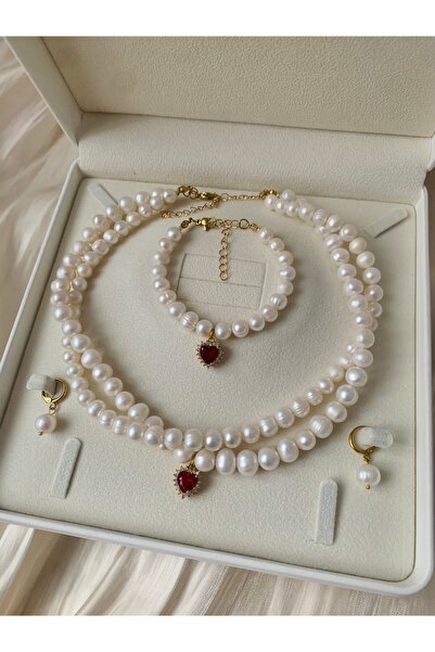 JOVİ ATELİER Sertifikalı Doğal İnci Sarmaşık Kolye Bileklik Küpe Set Kırmızı ...