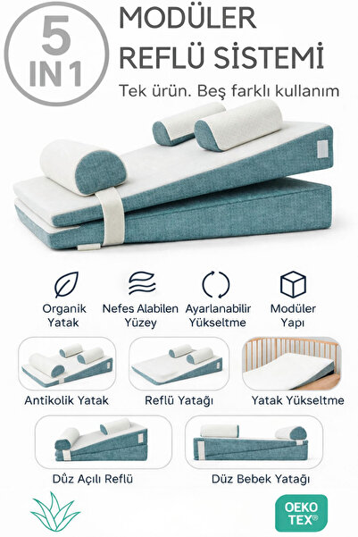 SABY 5 in 1 Modüler Bebek Reflü Yatağı – Antikolik - Düz Yatış - 30° Açılı Re...