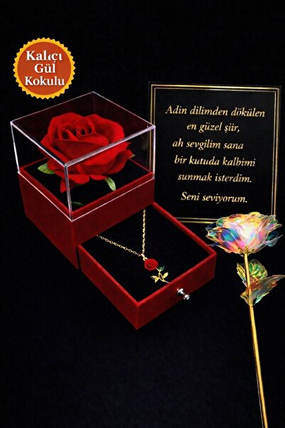 MEKKANMODA 14 AYAR ALTIN KAPLAMA KADIN GÜL ÇELİK KOLYE ÇEKMECELİ GÜLLÜ KUTUDA...