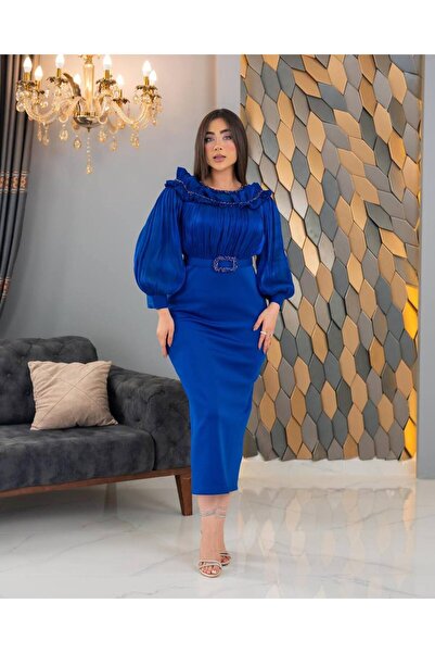 CAREZZA Mirellé - Fırfır Yaka Taş Kemerli Abiye Elbise - Gece Mavisi