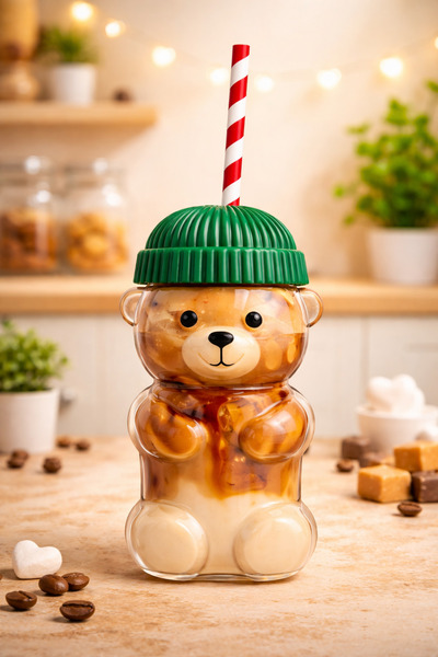 özkurt ticaret Ayıcıklı Cam Barista Soğuk İçecek Bardağı 550 ml – Yeşil Kapak...