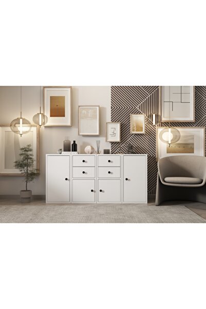 Nettrends Dört Kapaklı Dört Çekmeceli Raflı Beyaz Konsol Çıtasız Kns-1172-ç