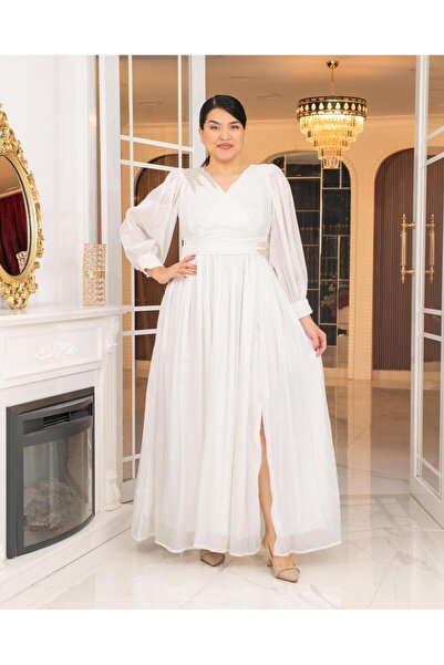 CAREZZA Lioren - Drapeli Taş Detaylı Büyük Beden Abiye - İnci Beyazı