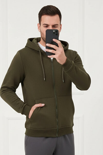 Runades Cardigan oversize unisex simplu kaki (3 fire) cu lână groasă în interior