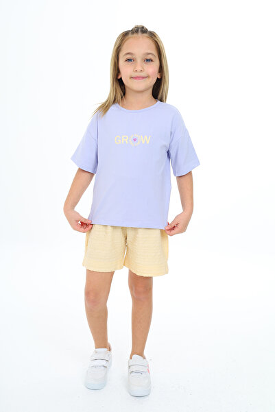 Toontoy Girl's 2-Piece Set Printed Crew Neck T-Shirt & Elastic Waist Shorts