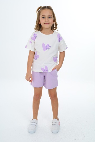 Toontoy Girl's 2-Piece Set Printed Crew Neck T-Shirt & Pocket Shorts with Ela...