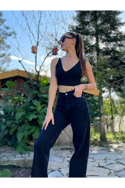 DRC trend بنطلون جينز بالازو أسود عالي الخصر من الليكرا. (مرتفع للغاية.) ساق ...