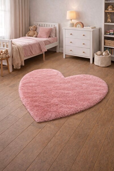 EYPRICH Kuzu Post Peluş Premium Kalp Desen Yumuşak Tüylü Halı - Pembe