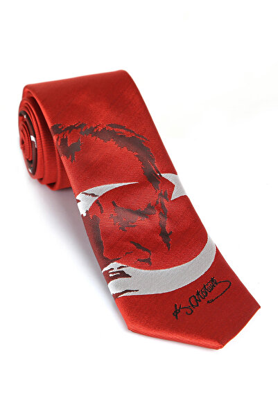 Gaffy ربطة عنق حمراء منسوجة بنقشة نجمة الهلال وأتاتورك - AK-06