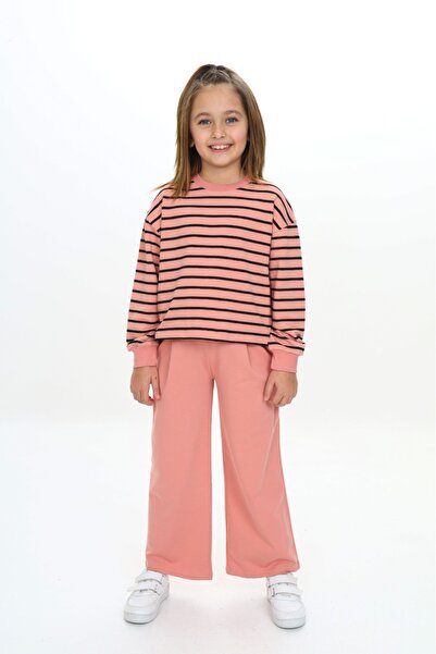 Toontoy طقم بناتي مكون من قطعتين: سترة مخططة بفتحة عنق دائرية وسروال واسع الس...