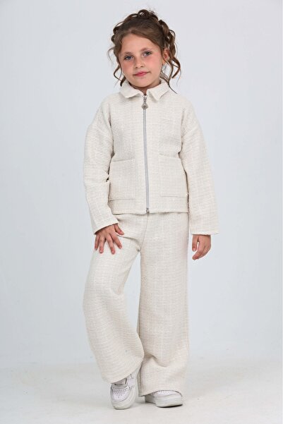 Toontoy Kız Çocuk 2'li Takım Gömlek Yaka Fermuarlı Cepli Sweatshirt & Beli La...