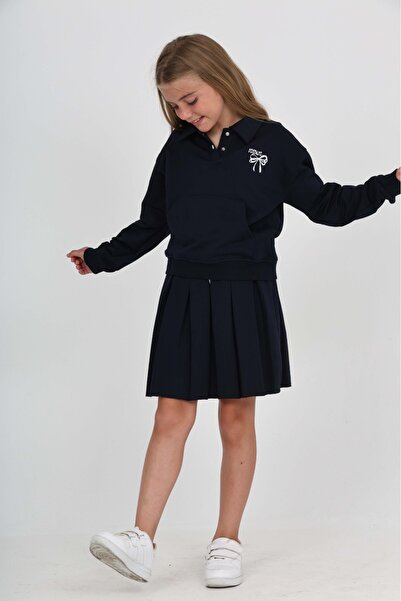 Toontoy Kız Çocuk 2'li Takım Baskılı Polo Yaka Çıtçıtlı Düşük Omuz Cepli Swea...