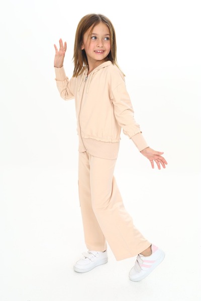 Toontoy Girl's 2-Piece Set Hooded Zippered Sweatshirt & Elastic Waist Wide Le...