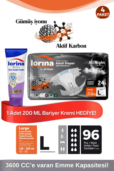 LORİNA AllNight Aktif Karbonlu&Gümüş İyonlu Bel Bantlı Hasta Bezi Large 24’lü...