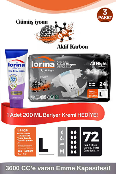 LORİNA AllNight Aktif Karbonlu&Gümüş İyonlu Bel Bantlı Hasta Bezi Large 24’lü...