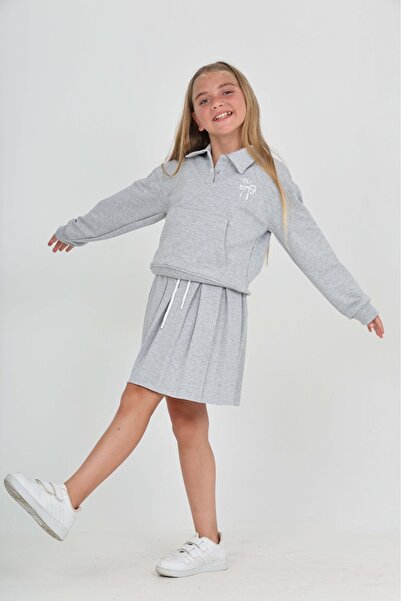 Toontoy Kız Çocuk 2'li Takım Baskılı Polo Yaka Çıtçıtlı Düşük Omuz Cepli Swea...