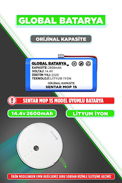 GLOBAL BATARYA Sentar Mop 1s Uyumlu Akıllı Robot Süpürge Bataryası 14.4v 2600...