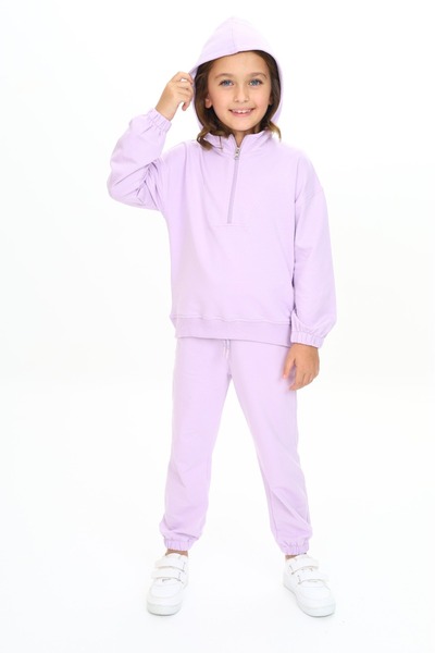 Toontoy Girl's 2-Piece Set Hooded Half-Zip Ribbed Sweatshirt & Elastic Waistb...