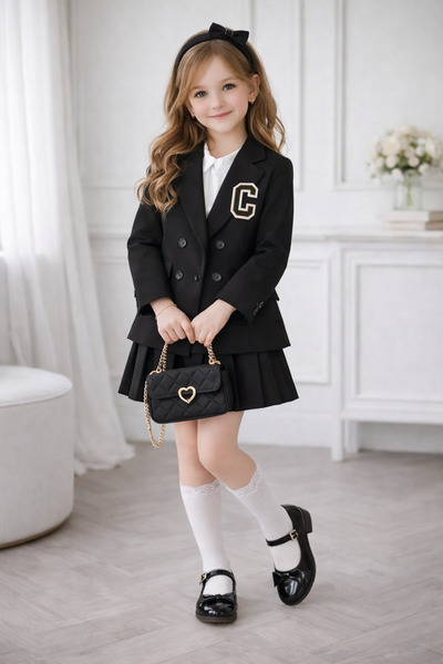 RAPAPA طقم تنورة قصيرة مطوية مع سترة سوداء للفتيات - 0680