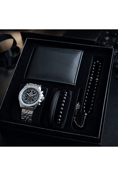 Sportive ساعة يد رجالية بسوار فولاذي فضي اللون ومينا سوداء + علبة الساعة