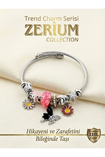 ZERİUM Modern Steel Stylish Women's Charm Steel Bracelet Colorful Flowers and...