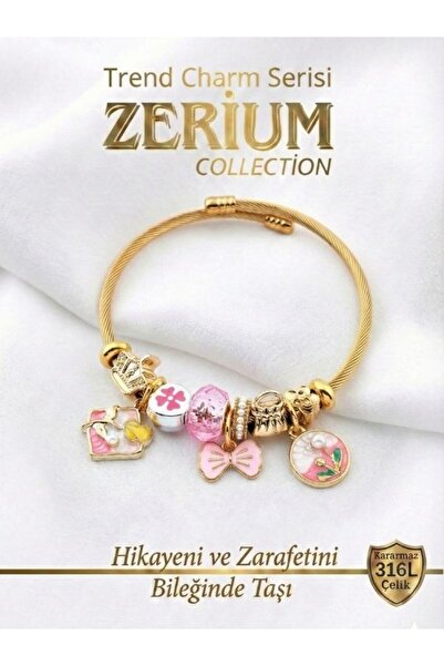 ZERİUM Modern Steel Stylish Women's Charm Steel Bracelet Bow and Art Flowers ...
