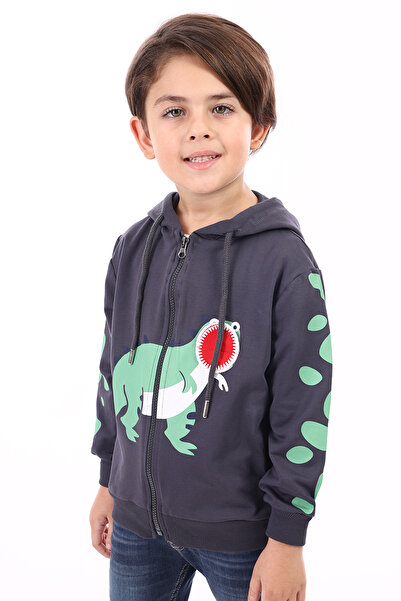 Toontoy Boy's Hooded Zippered Printed Knitted Cardigan - 2 Yarns