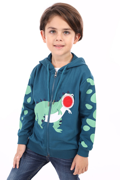 Toontoy Boy's Hooded Zippered Printed Knitted Cardigan - 2 Yarns