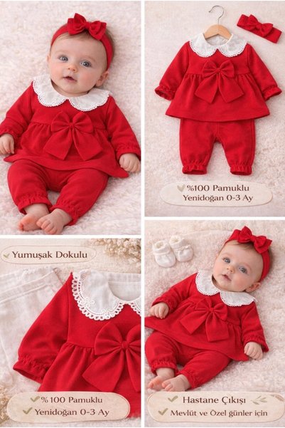 alnaymino Hospital Discharge Red Bowknot Lace Apron Bandana Set 100% Organic Interlock 40/1 Cotton Fabric