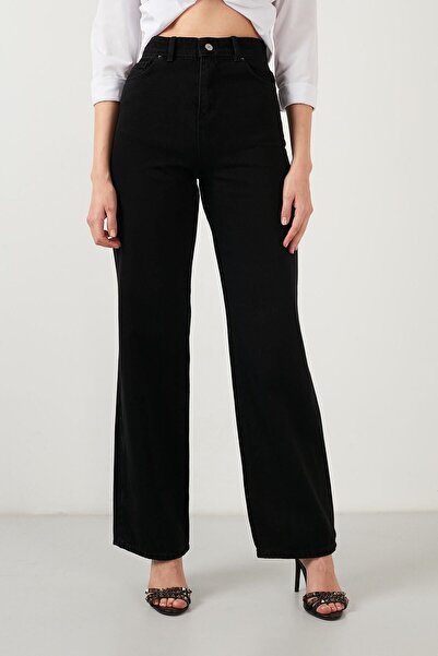 DRC trend بنطلون جينز أسود من الليكرا عالي الخصر من قماش الدنيم فضفاض الساق