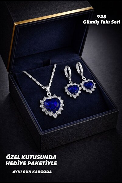 BEREN KILIÇ 925 Ayar Gümüş Mavi Safir Kalp Taşlı Pırlanta Görünümlü Kolye Küp...