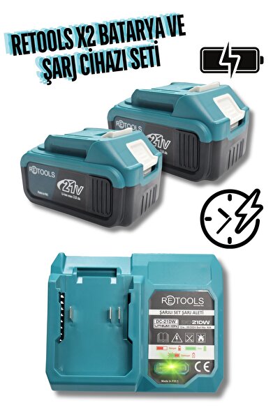 RETOOLS Ultra Hızlı Şarj Cihazı Mavi ve 2 Adet 10 Pilli Li-ion Batarya 21V/3....