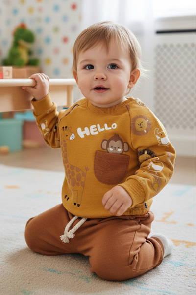 bebegen Erkek Bebek Hardal Cepli Maymun Baskılı 2'li Takım