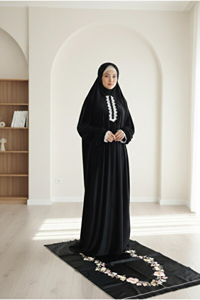 VİSKOYAT Black Velvet Prayer Dress – Loose Fit Comfortable and Elegant Long D...