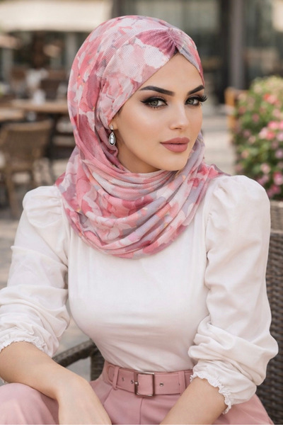 Aişe tesettür Pudra Gri Desenli Hazır Şal Eşarp