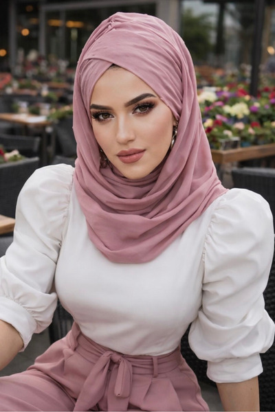 Aişe tesettür Pudra Ponpon Çapraz Bantlı Hazır Şal