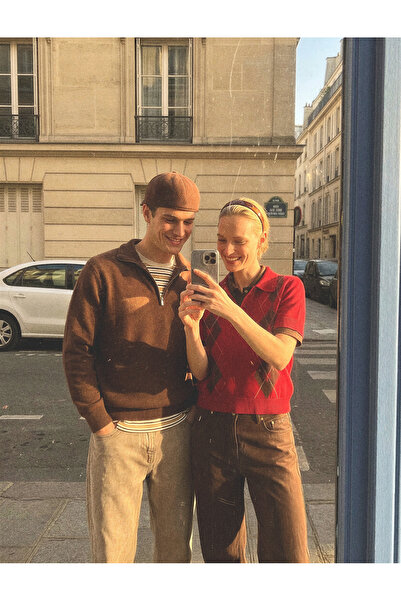 Koton Short Sleeve Polo Neck Argyle Patterned Knit Sweater