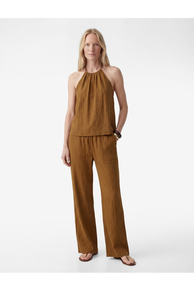 Koton Viscose Blend Sleeveless Tie Detail Textured Halter Neck Blouse