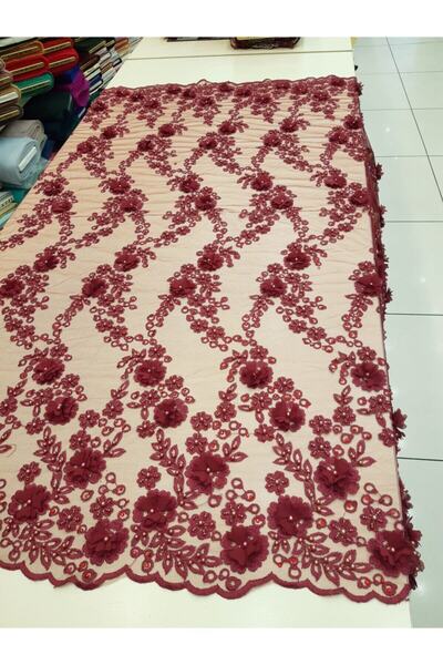 Safir Kumaş Üç Boyut Çiçekli Işlemeli Dantel 3 Metre (ASTAR DAHİL)