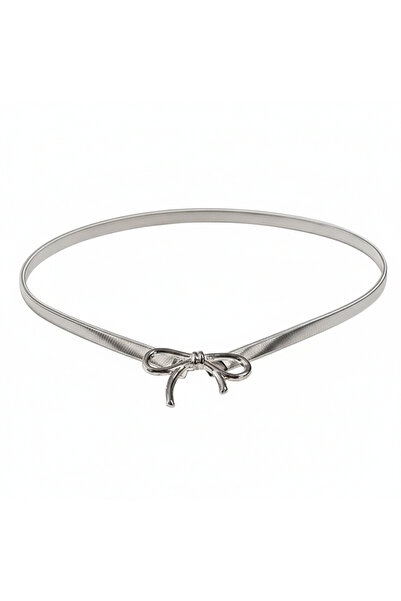 OEM Women's Stretch Belt, Elegant Style, Metallic with Bow Buckle, Silver