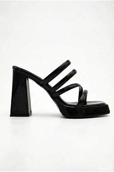 Redoxy Papuci de seară din piele lacuită neagră, cu toc platformă, design spe...