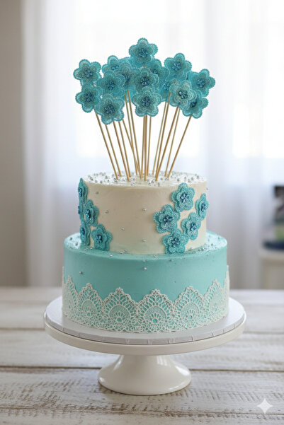 Deniz Party Store Mavi parlak taşlı çiçek  Uzun Kürdan 16 Cm 10 Adet