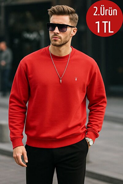 COMBİNE MİCHAİL Red Color Basic Crew Neck Relaxed Regular Men's Sweatshirt