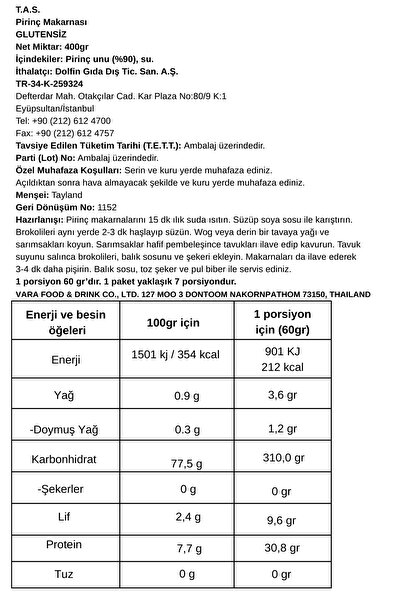 T.A.S. Pirinç Çubuğu Rice Stick Glutensiz Makarna (400GR)