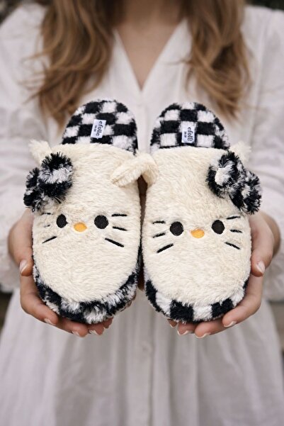redtan Papuci de casă din pluș, albi și negri, pentru femei, cu figurină Hello