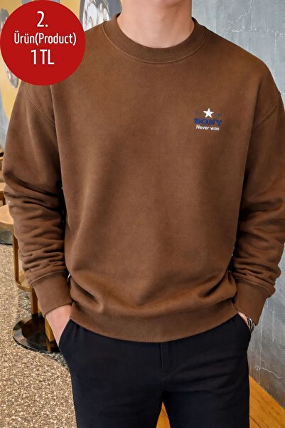 COMBİNE MİCHAİL Erkek Sorry Never Baskılı Kahve Sweatshirt