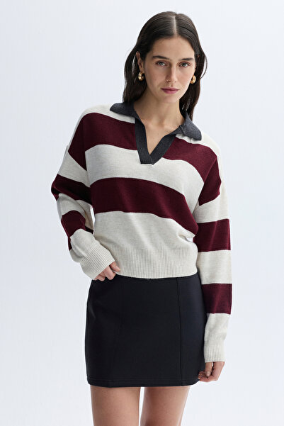 Mudo Striped Loose Fit Polo Neck Knitwear Sweater